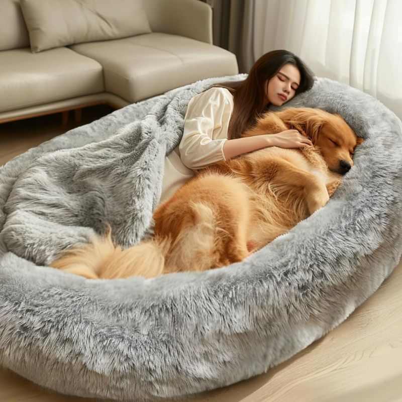 Photo 1 of Human Dog Bed, Dog Bed for Humans, Giant Dog Bed with Washable Fluffy Faux Fur Cover, 72"x48"x11" Human Size Dog Bed with Soft Blanket, Large Dog Bean Bag Bed for Families, Light Grey
