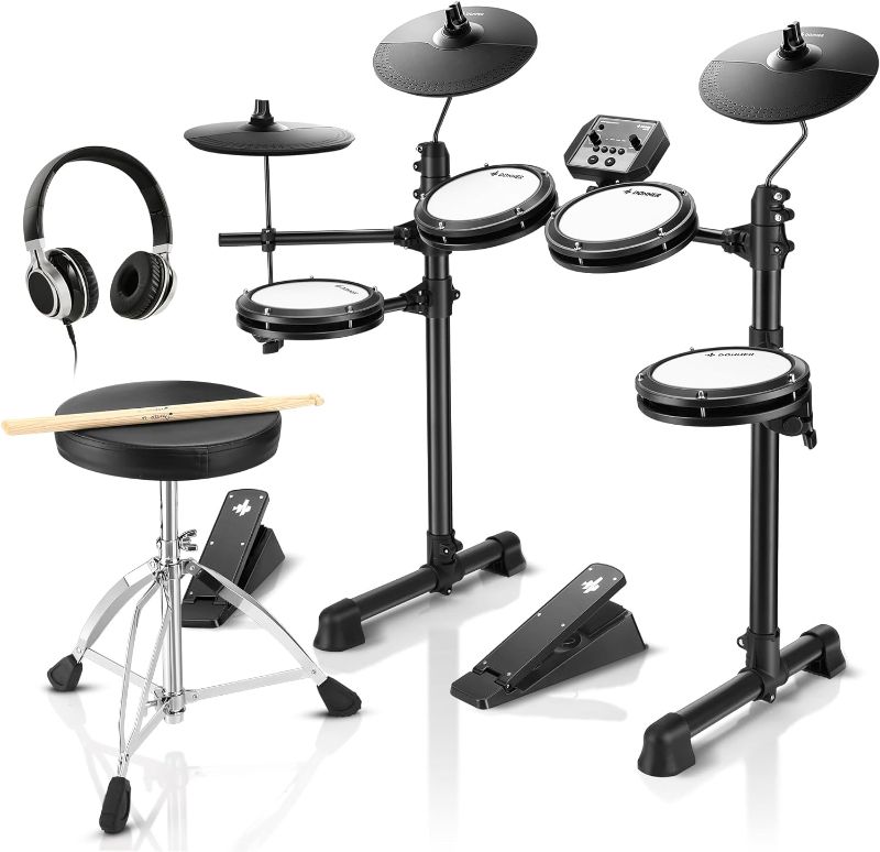 Photo 1 of Donner DED-80 Electronic Drum Set with 4 Quiet Mesh Pads, 180+ Sounds, 2 Pedals, Throne, Headphones, Sticks, and Melodics Lessons
