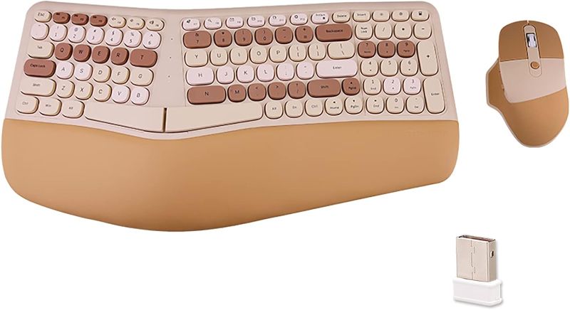 Photo 1 of Wireless Ergonomic Keyboard and Mouse Combo, Colorful Split Keyboard Ergonomic, PU Wrist Rest, Comfortable Natural Typing, 2.4G Connectivity, Compatible with PC/Laptop (Milk Tea)
