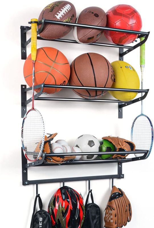 Photo 1 of Sunix Garage Sports Equipment Storage, Basketball Rack with 2 Racks, Sports Equipment Organizer Wall Mount Shelf with 4 Hooks for Rackets, Sports Equipment Storage Rack, basketball Rack
