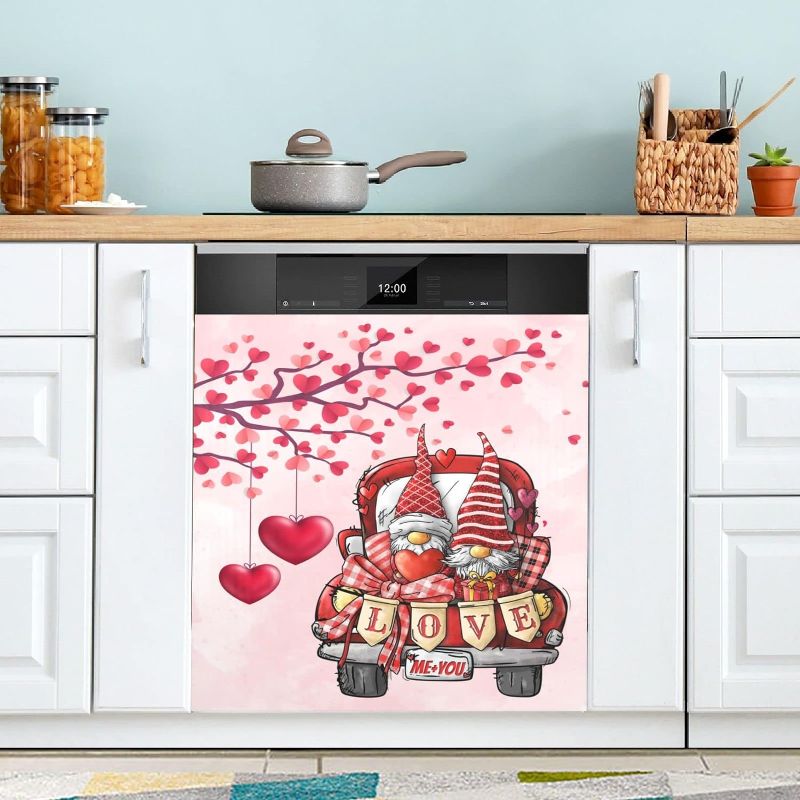 Photo 1 of Valentines Gnomes Red Truck Dishwasher Magnet Cover Pink Love Hearts Magnetic Sticker Dish Washer Door Panel Cover Fridge Kitchen Appliance Magnet Decal Sheet Decor 23x26 inch
