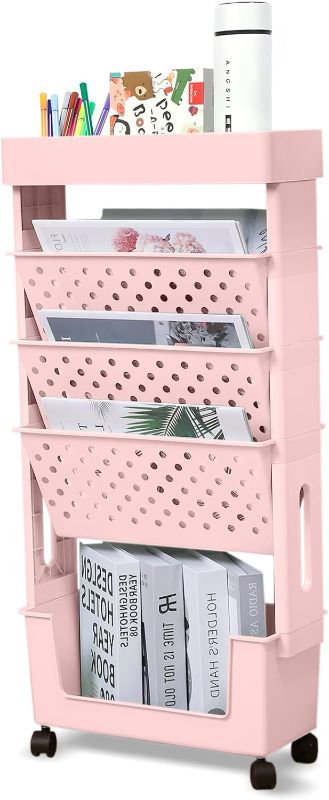 Photo 1 of 5-Tier Plastic Mobile Bookshelf with Wheels, Desk Organizer Document Folder File Storage with Pen Holder,Rolling Book Cart Movable Bookshelf for Office, Dorm, Classroom,Library, Living Room (Pink)
