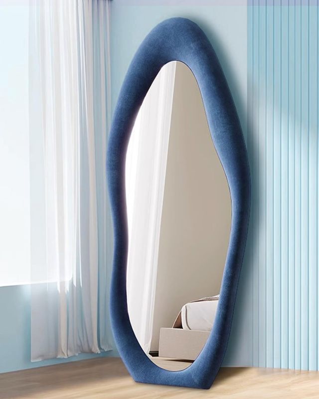 Photo 1 of Full Length Mirror, Floor Mirror with Stand, Wall Mounted Mirror, Full Length Floor Mirror, Standing Mirror Full Length, Irregular Mirror, Flannel Frame (Blue)
