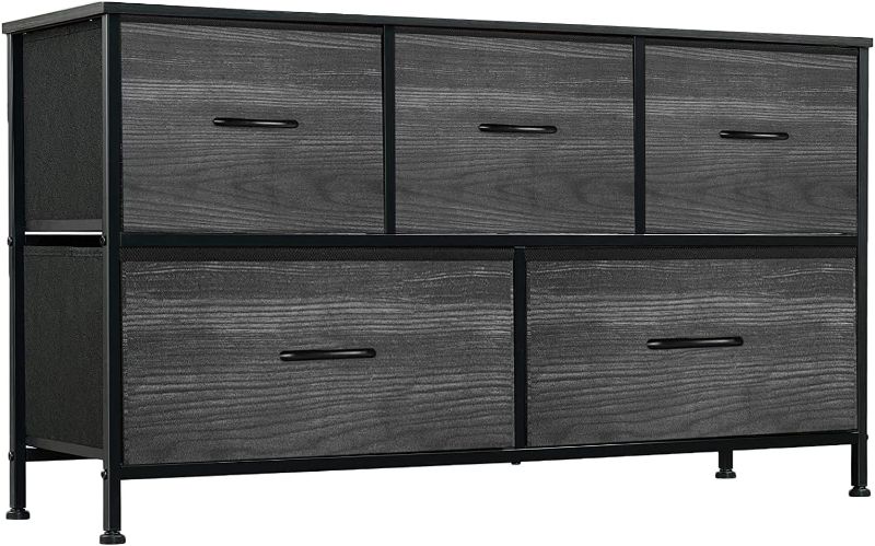 Photo 1 of 5 - Drawer Dresser for Bedroom, 21H x 40L X12''W Tall Chest of Drawers for Closet, Nursery, Entryway, Fabric Furniture Clothes Storage Tower Organizer with Steel, Wood Top (5- Drawer Wood Grain)
