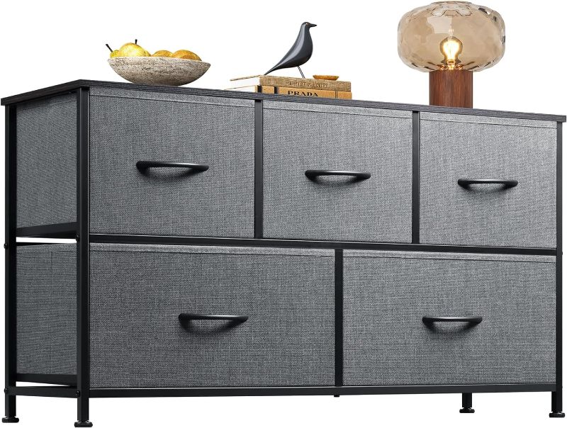 Photo 1 of WLIVE Dresser for Bedroom with 5 Drawers, Wide Chest of Drawers, Fabric Dresser, Storage Organizer Unit with Fabric Bins for Closet, Living Room, Hallway, Dark Grey
