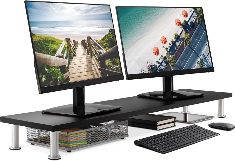 Photo 1 of The Original Bamboo Dual Monitor Stand (As Seen On PBS) - 42 Inch Large Monitor Riser for Computer Screens, Laptop or TV - Desk Shelf Adds Storage Space and Improves Ergonomics - Black
