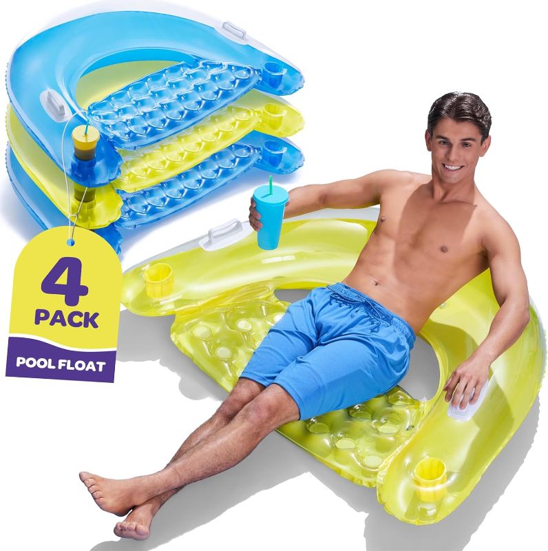Photo 1 of Pool Floats Adult Inflatable Chair Floats with Cup Holders & Handles - Happy Colorful Pool Floaties - Pool Float Comes in 2 Fun Colors, Blue & Yellow, A Relaxing Floats for Swimming Pool.
