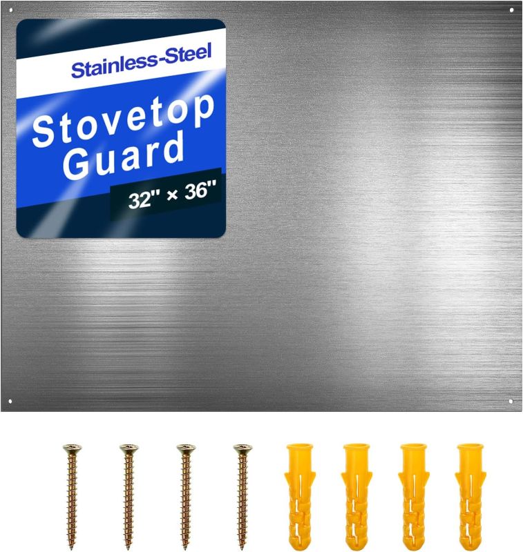 Photo 1 of Reversible Stainless Steel Backsplash Behind Stove Metal BackSplash Panel Stainless Steel Cooking Backsplash Wall Panel for Kitchen Cooking Panel Pre Drilled Holes Matching Screws (36 x 32 Inch)
