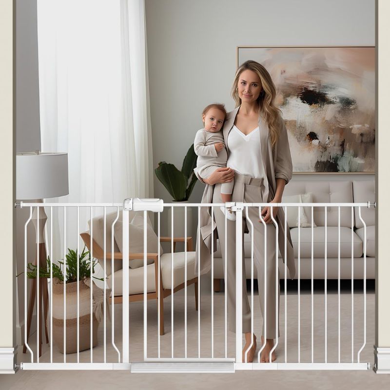 Photo 1 of Extra Wide Baby Gate with Door, 57.4-62.2 Inch Walk Through Large Long Child Gates for Stair Doorway - Indoor Outdoor Safty Gate for Toddler Pet Dog Doggie White
