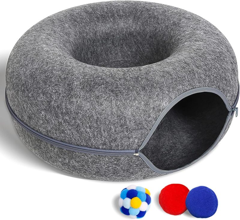 Photo 1 of Large Cat Tunnel Bed for Indoor Cats with 3 Toys, Scratch Resistant Donut Cat Bed, Up to 30 Lbs (L 24x24x11, Dark Grey)
