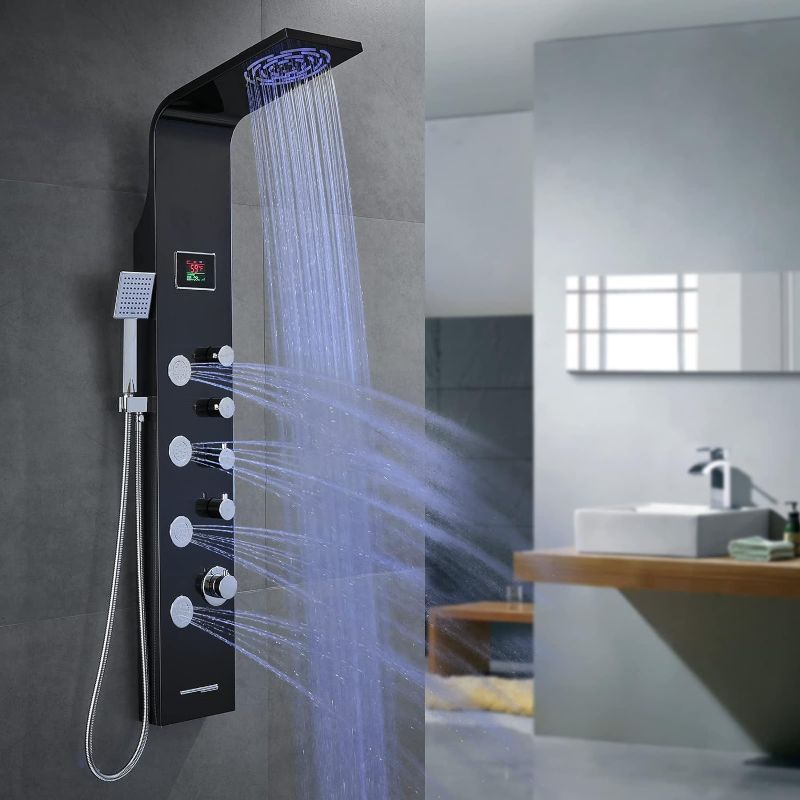 Photo 1 of ROVATE Rainfall Waterfall Shower Panels Tower System with LED lights (No Battery Needed), Multi-function Shower Tower Rain Massage System with Powerful Body Jets, Shower Wand and Tub Spout, Black
