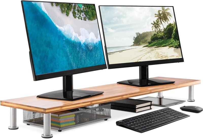 Photo 1 of The Original Bamboo Dual Monitor Stand (As Seen On PBS) - 42 Inch Large Monitor Riser for Computer Screens, Laptop or TV - Desk Shelf Adds Storage Space and Improves Ergonomics - Natural
