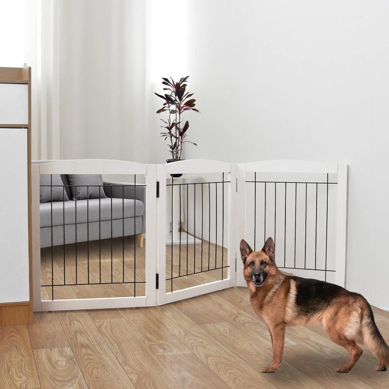 Photo 1 of Freestanding Foldable Dog Gate for House Extra Wide Wooden White indoor Puppy Gate Stairs Dog Gates Doorways Pet Gate Tall Dog Fence 3 Panels Fence
