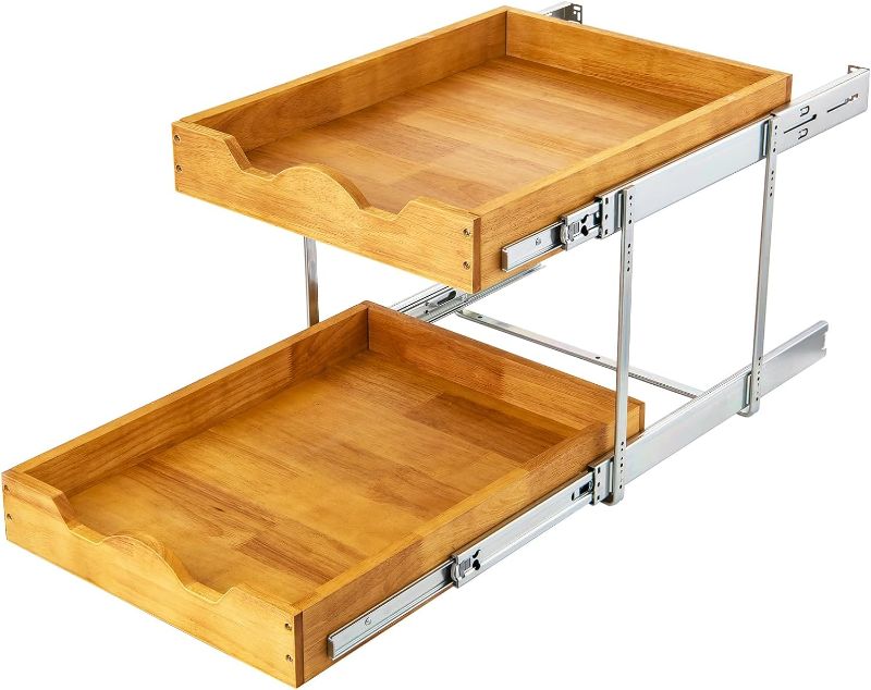 Photo 1 of 2 Tier Pull Out Cabinet Organizer (17"W x 21"D) Wood And Metal Double Tier Slide Out Wood Drawer Under Cabinet Storage And Organization
