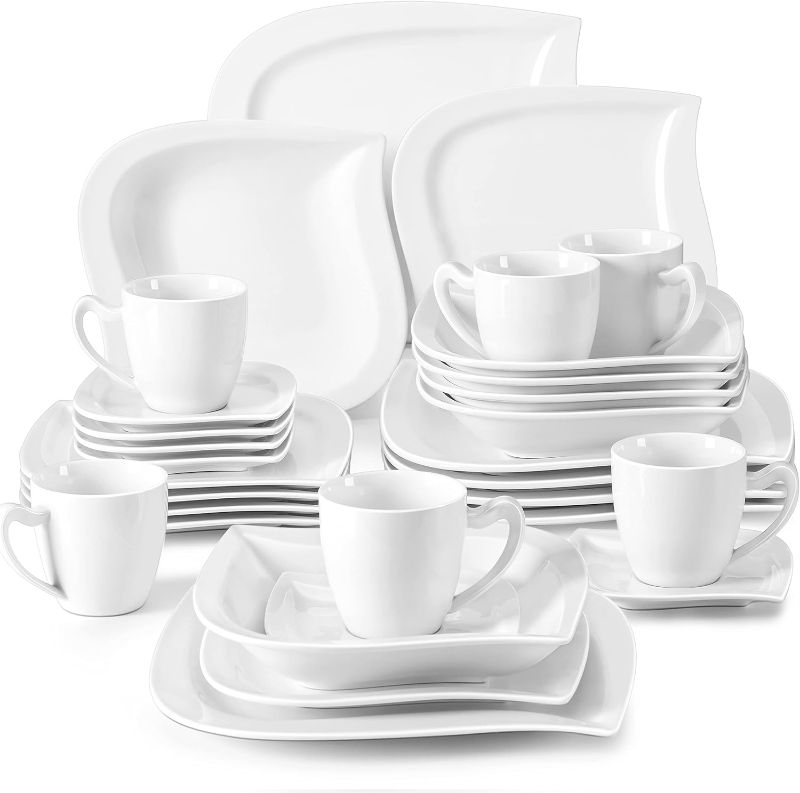 Photo 1 of MALACASA Dinnerware Sets, 30 Piece Ivory White Plates and Bowls Sets for 6, Porcelain Square Dinnerware Set with Dinner Plate Set, Soup Bowl, Cup and Saucer, Kitchen Dish Set, Series Elvira
