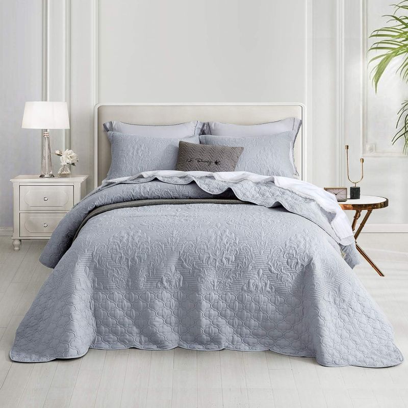 Photo 1 of CHIXIN Oversized Bedspread Coverlet Set King Size - Lightweight Bedding Cover - Ultrasonic Quilting - 4 Piece Reversible Bedspread - Elegant Damask Paisley Pattern (King, Light Grey)
