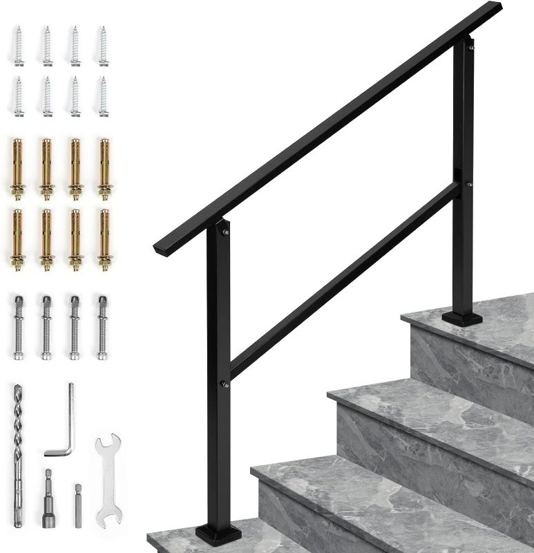 Photo 1 of Handrails for Outdoor Steps Fits 1 to 4 Steps Stair Railing for Outdoor, Wrought Iron Handrail with Installation Kit for Concrete Steps, Porch Steps (4 Steps), Matte Black
