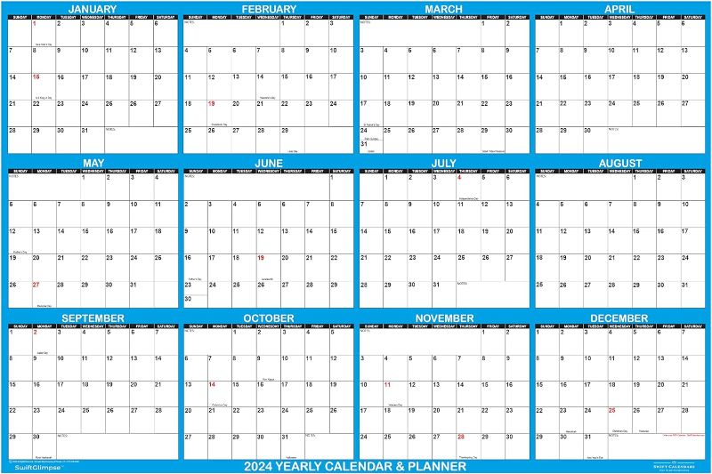Photo 1 of 24" x 36" SwiftGlimpse 2024 Wall Calendar Erasable Large Wet & Dry Erase Laminated 12 Month Annual Yearly Wall Planner, Horizontal, Blue
