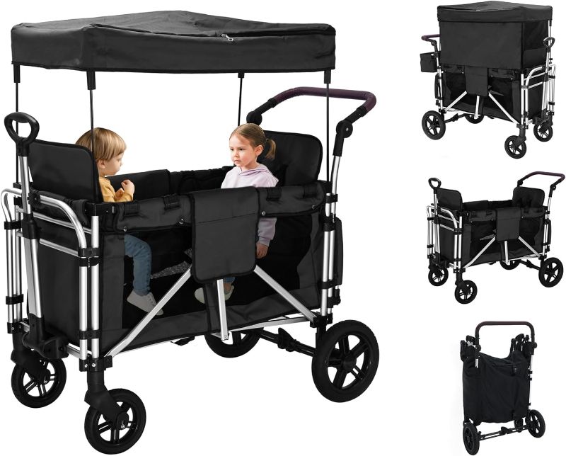 Photo 1 of Stroller Wagon for 2 Kids, Wagon Cart Featuring 2 High Seat with 5-Point Harnesses and Adjustable Canopy, Foldable Push-Pull Rod Wagon Stroller for Garden, Stroller, Camping, Grocery Cart (Black-g)
