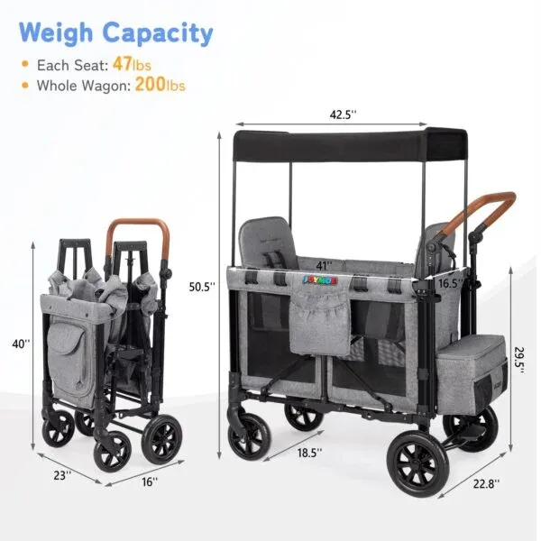 Photo 2 of Stroller Wagon for 2 Kids, Wagon Cart Featuring 2 High Seat with 5-Point Harnesses and Adjustable Canopy, Foldable Push-Pull Rod Wagon Stroller for Garden, Stroller, Camping, Grocery Cart (Black-g)
