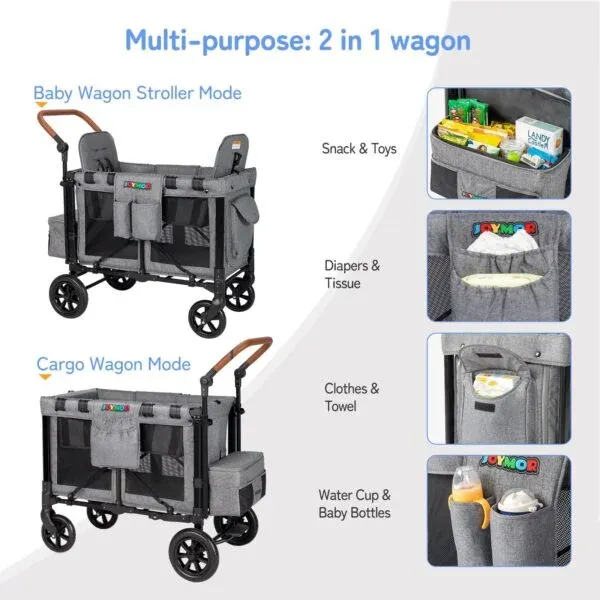 Photo 4 of Stroller Wagon for 2 Kids, Wagon Cart Featuring 2 High Seat with 5-Point Harnesses and Adjustable Canopy, Foldable Push-Pull Rod Wagon Stroller for Garden, Stroller, Camping, Grocery Cart (Black-g)
