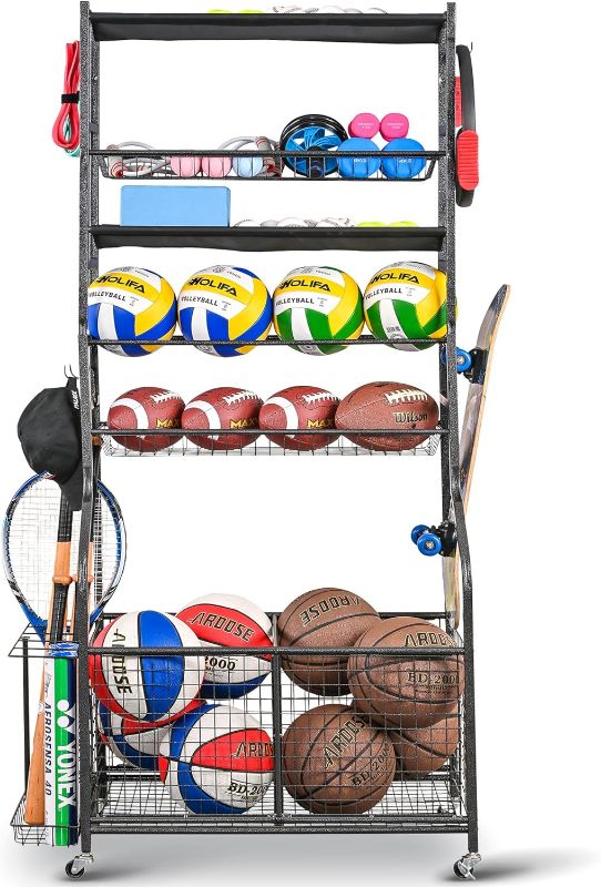 Photo 1 of Mythinglogic Sports Equipment Garage Organizer,Garage Ball Storage for Sports Gear and Toys, Rolling Ball Cart with Wheels for Indoor/Outdoor Use
