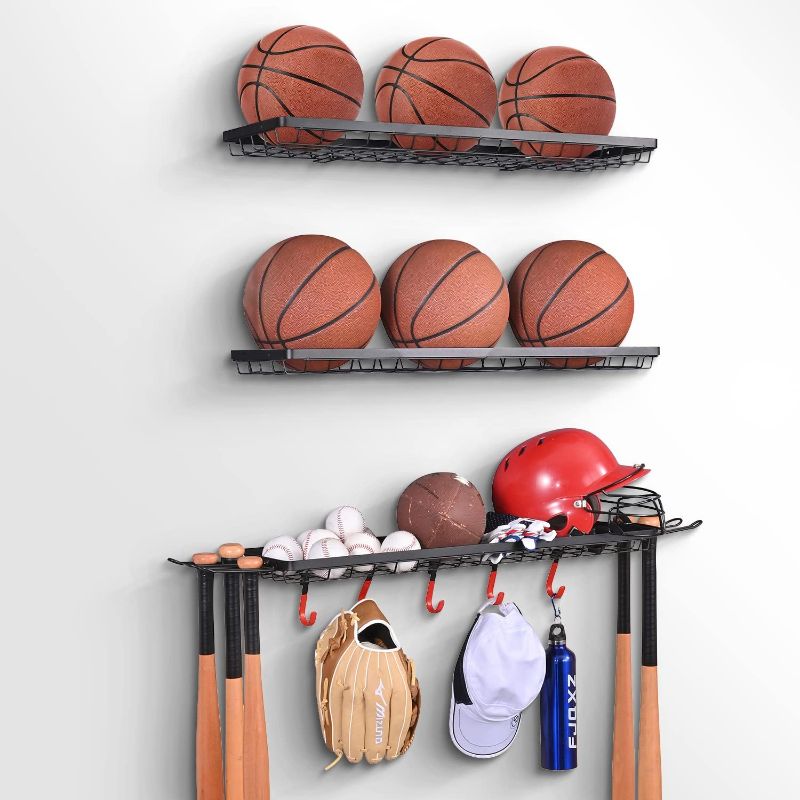 Photo 1 of Wallmaster Sports Equipment Storage Rack,Wall Mount Ball Storage Racks for garage, 3 Separate Ball Storage Organizer for Basketball, with Hooks
