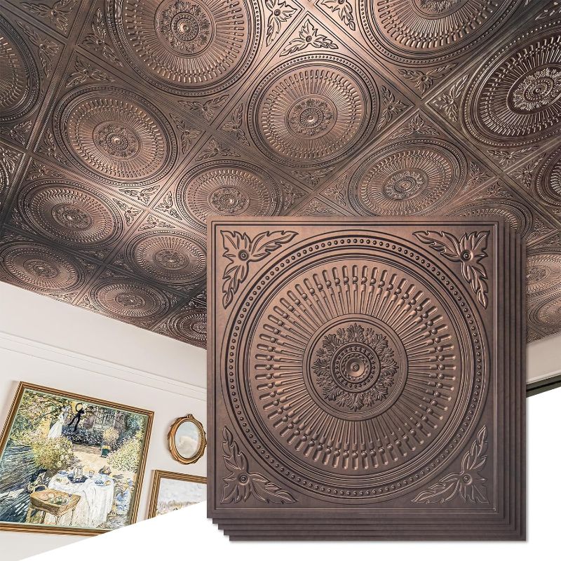 Photo 1 of Art3d 12-Pack Drop Ceiling Tiles 2x2 FT, Decorative Easy Install PVC Ceiling Panels for Interior Kitchen Bathroom Basement, 24x24 Inch, Antique Copper
