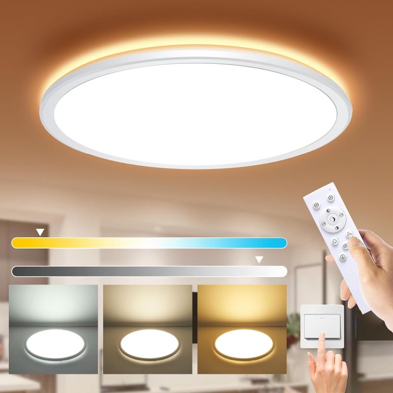 Photo 1 of Dimmable LED Flush Mount Ceiling Light with Remote Control, 12 inch 24W Ultra-Thin LED Ceiling Lamp Fixture, 3000K-6500K Light Color Adjustable Modern Round Flat Panel Lights for Bedroom Kitchen White
