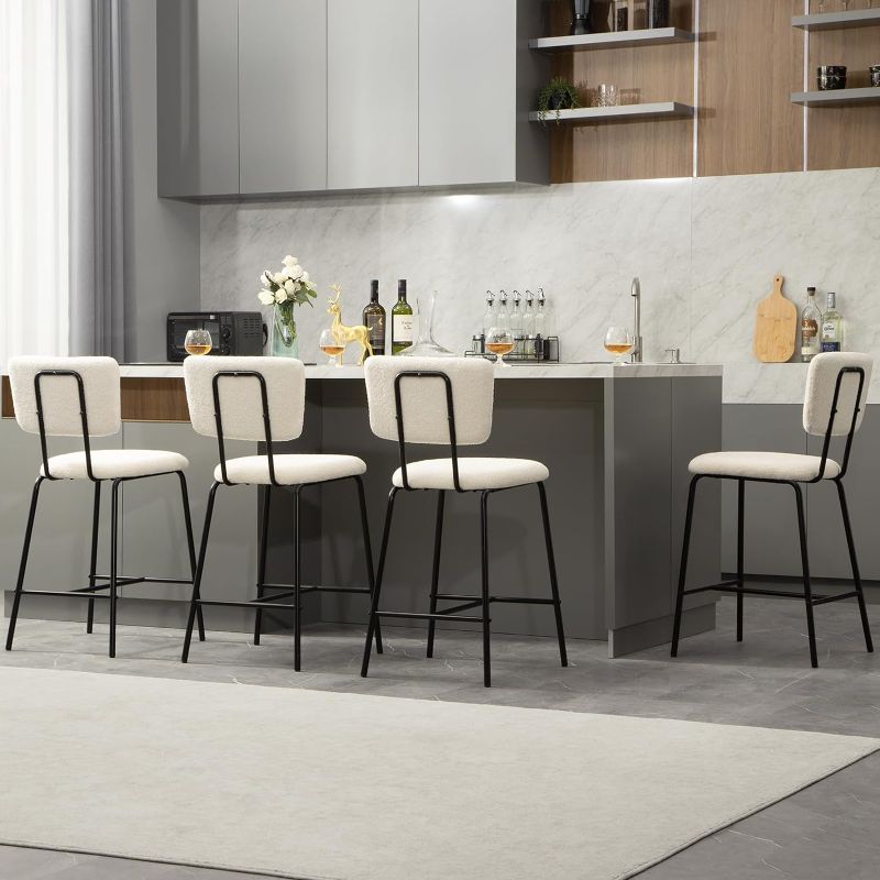 Photo 1 of Bar Stools Set of 4 Counter Height Bar Stools : Upholstered Boucle Fabric Bar Stool for Kitchen Bistro Pub Armless Modern Bar Chair with Metal Base for Dining Room Kitchen Island
