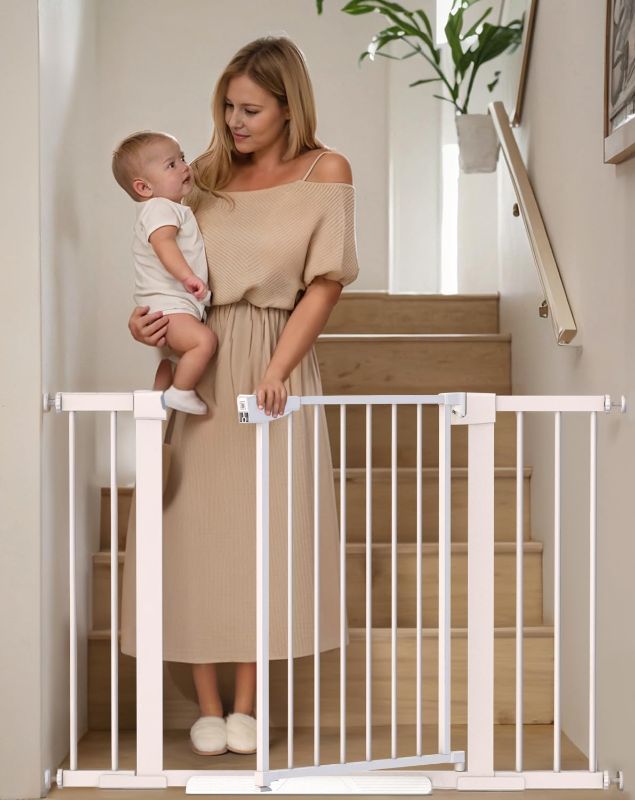 Photo 1 of Baby Gate for Stairs, 29.6"-46" Pressure Mounted Pet Gate with Walk Through Door, Auto Close Dog Gate for House, Stairs, Doorways
