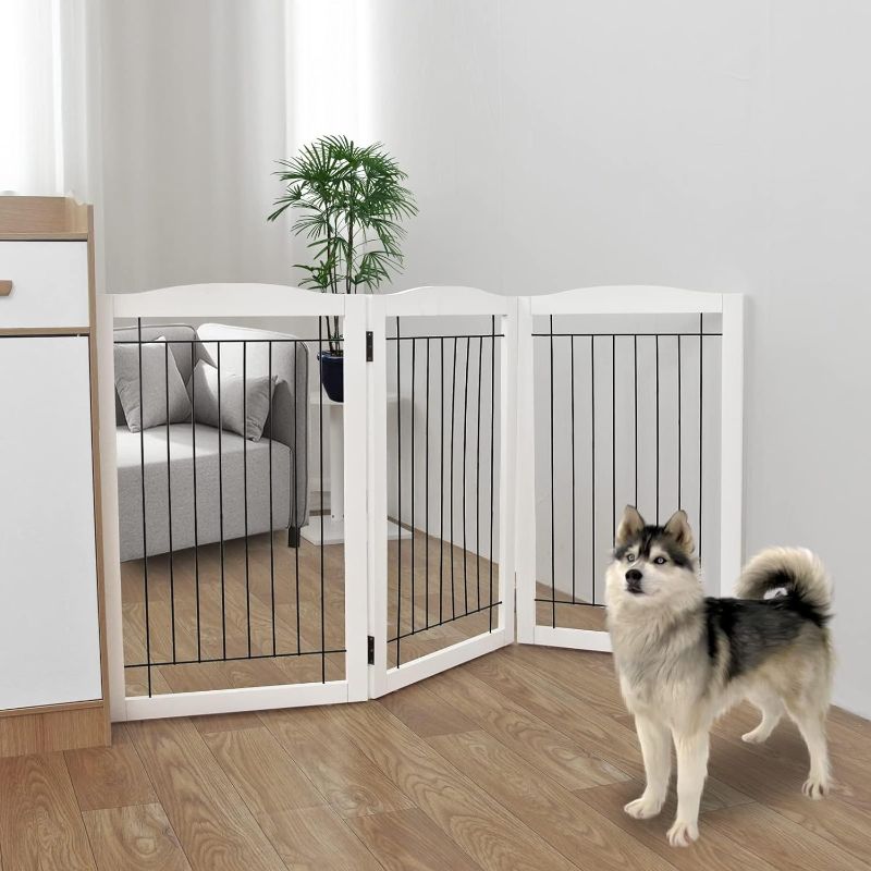 Photo 1 of Freestanding Foldable Dog Gate for House Extra Wide Wooden White Puppy Gate Stairs Dog Gates Doorways Tall Pet Gate 3 Panels Pet Fence
