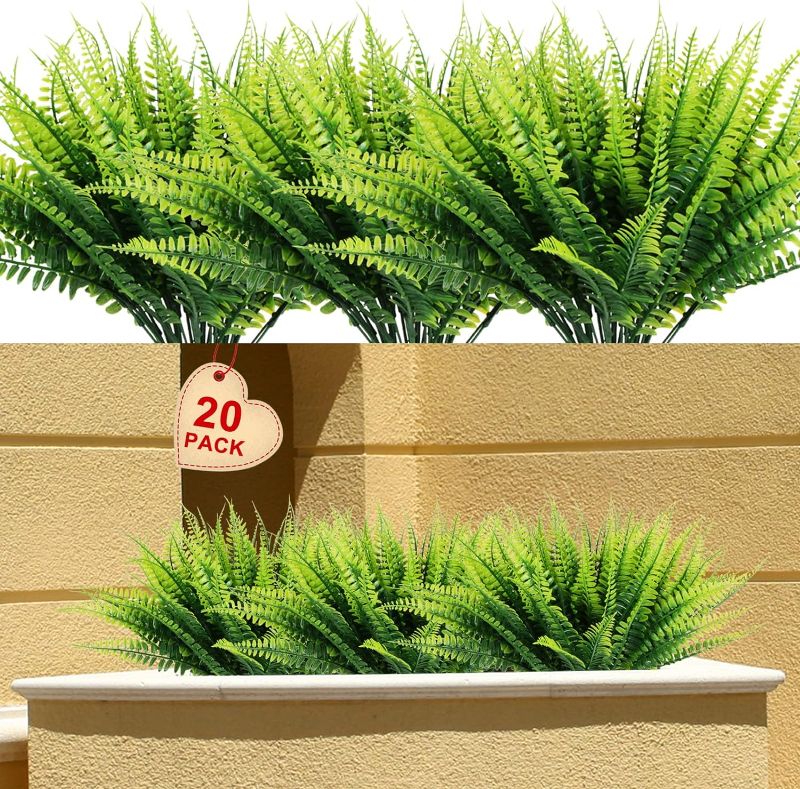 Photo 1 of 20 artificial ferns UV-proof shrub plants Plastic green plants for indoor and outdoor gardens, porches, windows and other decorations (green)
