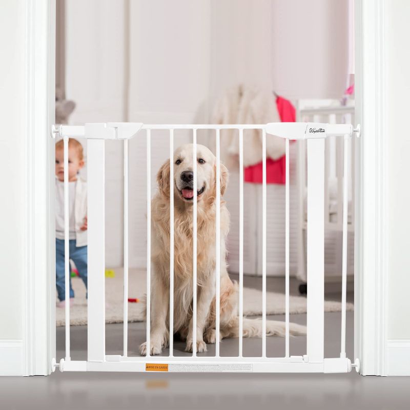 Photo 1 of 29.5 to 37.8 "Extra Wide Walk Through Pet Gate, Auto Close Safety Baby Gate, Metal Durability Dog Gate for House, Stairs, Doorways, includes 2 Extension Kit, White
