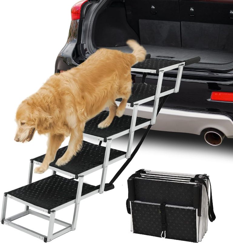 Photo 1 of Dog Car Stairs, Foldable Dog Car Ramp with Nonslip Surface for Cars, Truck and SUV, Lightweight Aluminum Dog Steps for Large Dogs Support Up to 200LBS (5 Steps)
