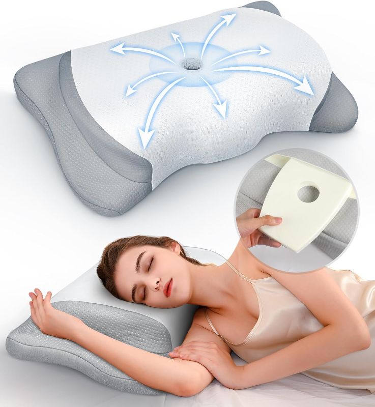 Photo 1 of Adjustable Height Cervical Neck Pillow for Pain Relief, Hollow Contour Pillow with Cooling Breathable Pillowcase, Odorless Memory Foam Pillows, Orthopedic Bed Pillow Support Shoulder Side Back Stomach
