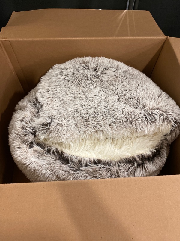 Photo 2 of Cat Beds & Dog Bed with Cover Cave, Dog Beds for Small Dogs, Round Soft Plush Donut Calming Pet Bed for Indoor Cats or Small Dog, Washable Puppy Bed with Non-Slip Bottom-16inch
