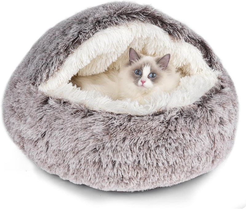 Photo 1 of Cat Beds & Dog Bed with Cover Cave, Dog Beds for Small Dogs, Round Soft Plush Donut Calming Pet Bed for Indoor Cats or Small Dog, Washable Puppy Bed with Non-Slip Bottom-16inch
