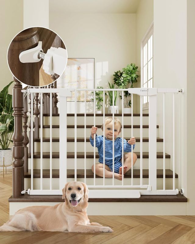 Photo 1 of Cumbor 29.7-46" Baby Gate for Stairs, Mom's Choice Awards Winner-Auto Close Dog Gate for the House, Easy Install Pressure Mounted Pet Gates for Doorways, Easy Walk Thru Wide Safety Gate for Dog, White
