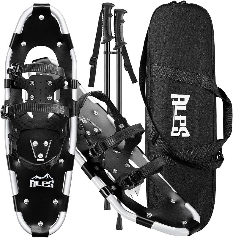 Photo 1 of ALPS 14/17/21/25/30 Inch Lightweight Snowshoes for Women Men Youth Kids, Light Weight Aluminum Alloy Terrain Snow Shoes with Pair Antishock Trekking Poles, Free Carrying Tote Bag (Black&White, 17“)……
