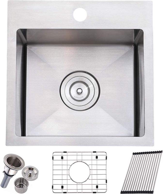 Photo 1 of 15x15 Inch Bar Sink Drop In Kitchen Sink Topmount Stainless Steel Square Small Workstation Kitchen Bar Sink?Single Bowl Kitchen Sink for Laundry Wet Bar Prep RV Office Outdoor Yard
