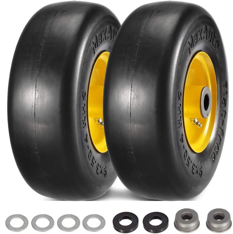 Photo 1 of 
MaxAuto 9x3.50-4" Flat Free Lawnmower Tire on Wheel Replacement for King Kutter/Scag/Kubota Rinding Mowers Pre-assembled with 3.5" Centered Hub,...