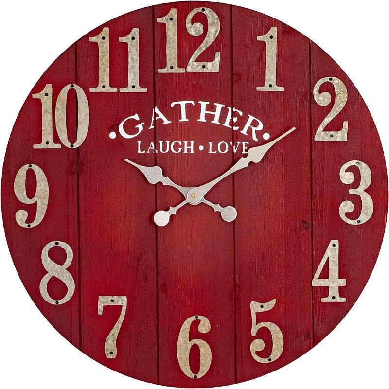 Photo 1 of 
BEW Large Vintage Wooden Wall Clock, 24 Inch Silent Battery Operated Arabic Rustic Chic Decorative Wall Clock for Living Room - Red