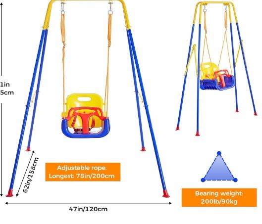 Photo 1 of FUNLIO 3-in-1 Toddler Swing Set with 4 Sandbags, Indoor/Outdoor Baby Swing with Foldable Metal Stand, Kids Swing Set for Backyard, Clear Instructions, Easy to Assemble & Store