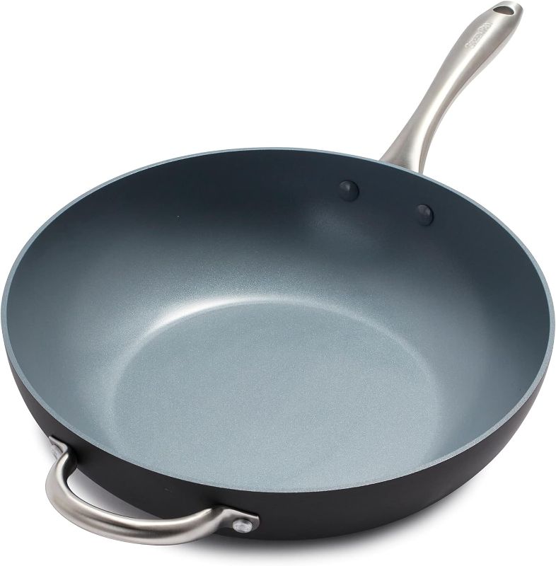 Photo 1 of 
GreenPan Lima Hard Anodized Healthy Ceramic Nonstick 12.5" Wok pan with Helper Handle, PFAS-Free, Oven Safe, Gray