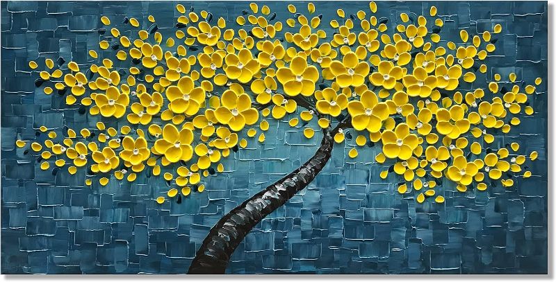 Photo 1 of Diathou Hand-Painted 3D Flowers Painting Blue & Yellow Contemporary Tree and Flower Art Works Original Oil Painting on Canvas Wall Art living Room and Bedroom Wall Decoration Art 24x48-inch
