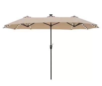 Photo 1 of 13 ft. Steel Market 8-Color Solar LED Lights Patio Umbrella in Beige