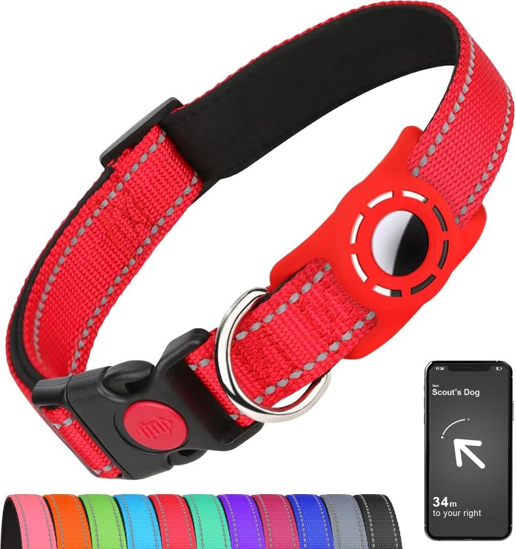 Photo 1 of *** Picture is for reference. (Size XL) Dog Collar, Reflective Dog Collars with AirTag Holder, Soft Padded and Safety Locking Buckle, Adjustable Nylon Collar for All Breeds, Red