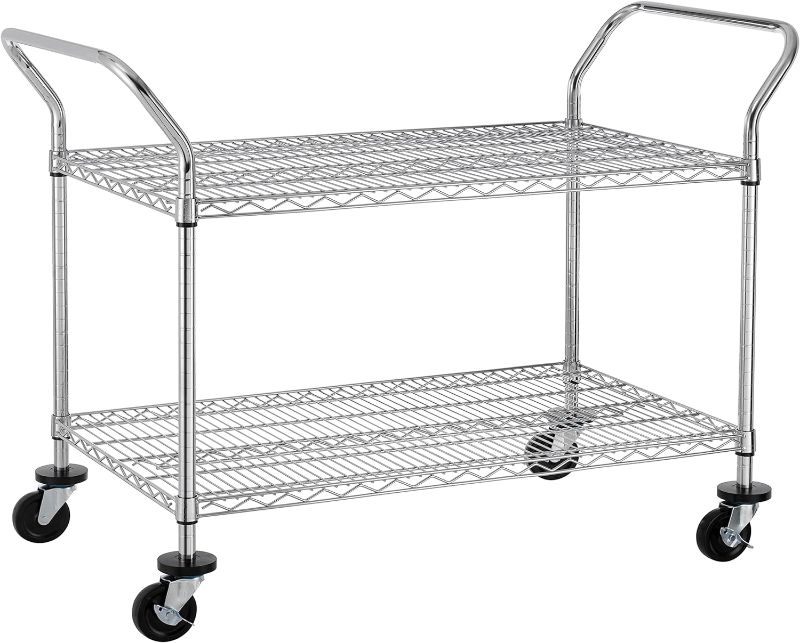 Photo 1 of Finnhomy 2-Tier Commercial Grade Rolling Cart, Heavy Duty Utility Cart, Carts with Wheels and Double Side Handles, Kitchen Cart Trolley on Wheels, Metal Serving Cart with 600 lbs Capacity, NSF Listed 2 Tier