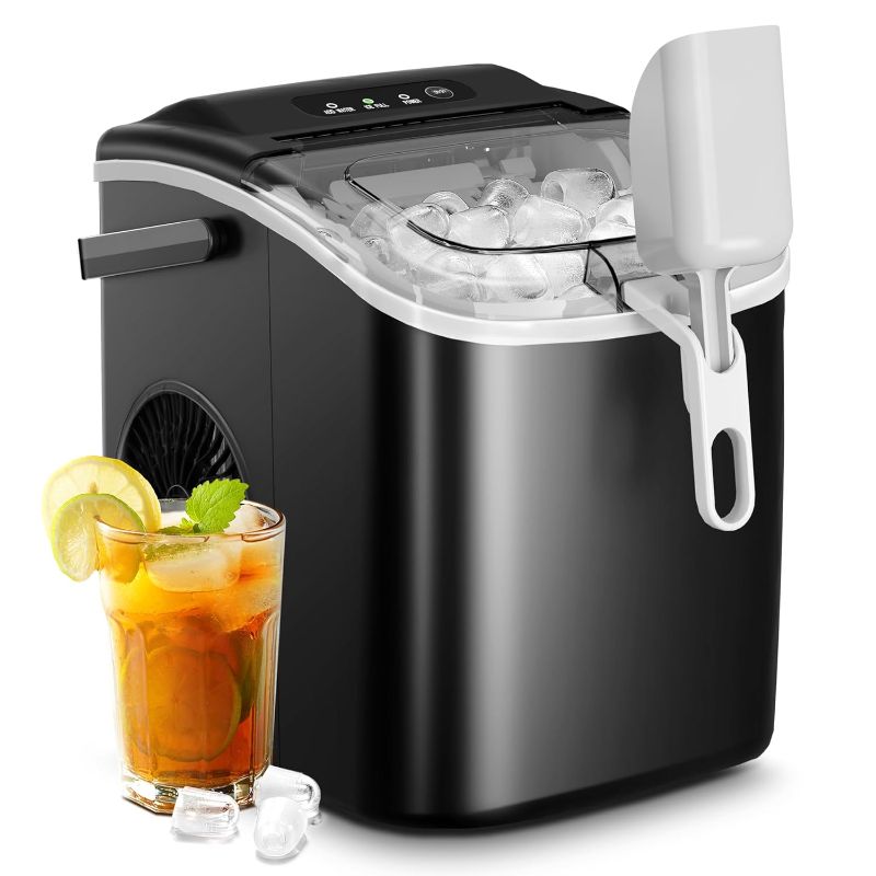 Photo 1 of AGLUCKY Ice Makers Countertop,Portable Ice Maker Machine with Handle,Self-Cleaning Ice Maker, 26Lbs/24H, 9 Ice Cubes Ready in 6 Mins, with ice Scoop and Basket,for Home/Office/Kitchen (Black)
